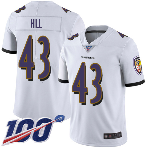 Baltimore Ravens Limited White Men Justice Hill Road Jersey NFL Football #43 100th Season Vapor Untouchable